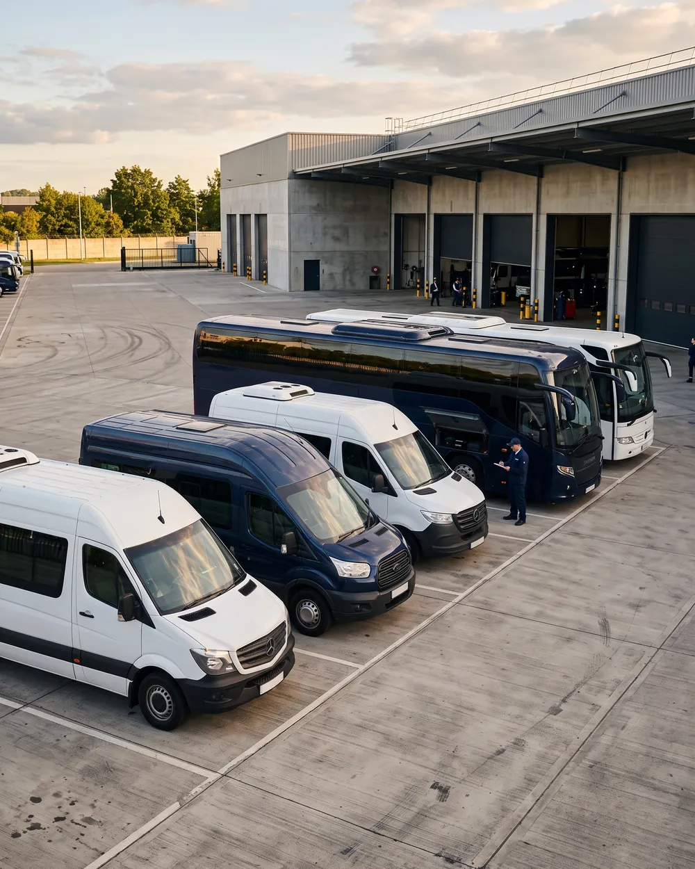 Pátio de garagem da RL Tur com vans, micro-ônibus e ônibus alinhados